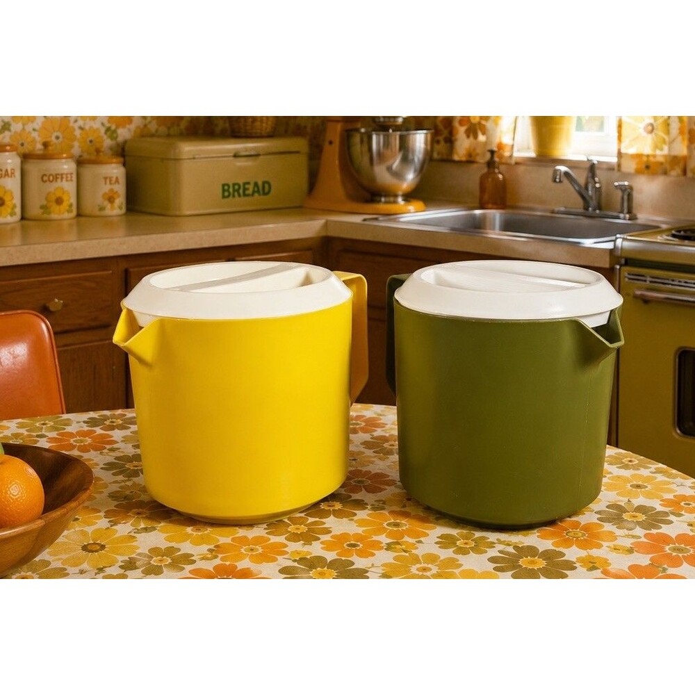 Vintage Rubbermaid 1.5 Qt Pitcher Set Avocado Green Yellow Retro Pair Lids Set 2
